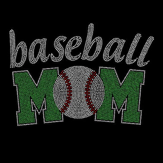 Black t-shirt with 'baseball mom' rhinestone design, in emerald
