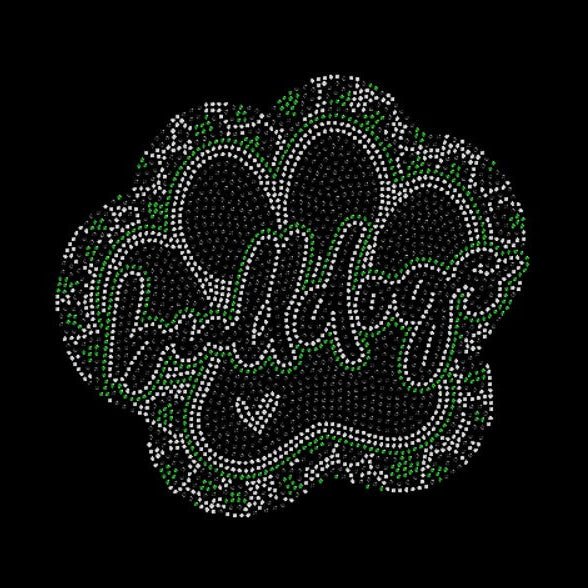 Decorative rhinestone design with Bulldog text and cheetah paw decorative elements on a black background