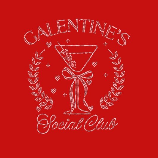 Decorative design with 'Galentine's Social Club' text and a martini glass on a red background.