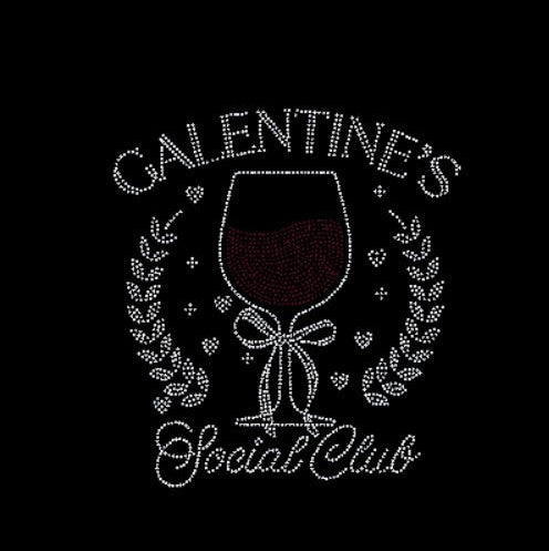 Decorative rhinestone design with a wine glass and 'Galentine's Social Club' text on a black background