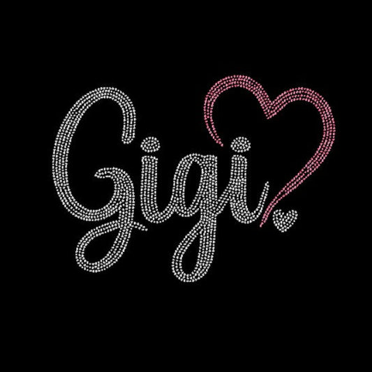 Black rhinestone t-shirt with 'Gigi' and pink heart design, on a dark background.