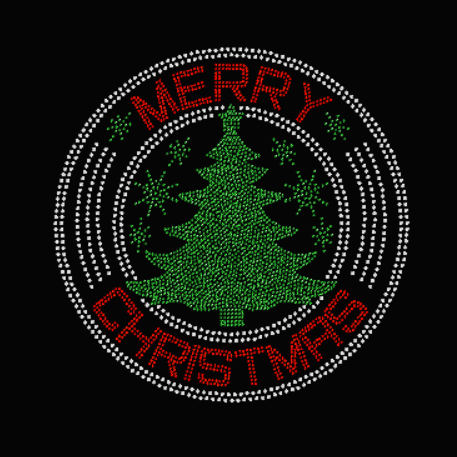 Merry Christmas round with tree rhinestones Transfer