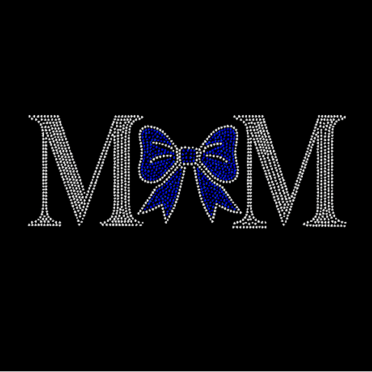 Decorative 'MOM' design with a blue bow on a black background