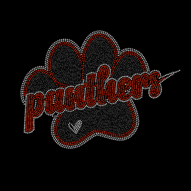 Black paw print with Panthers text in red and white on a black