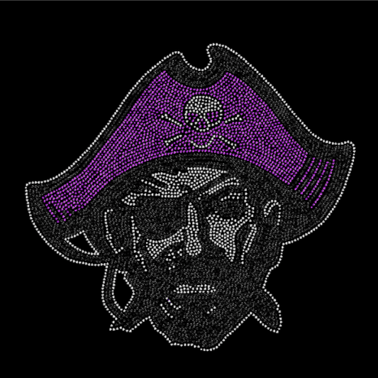 Pirate-themed design with a skull and purple hat on a black background