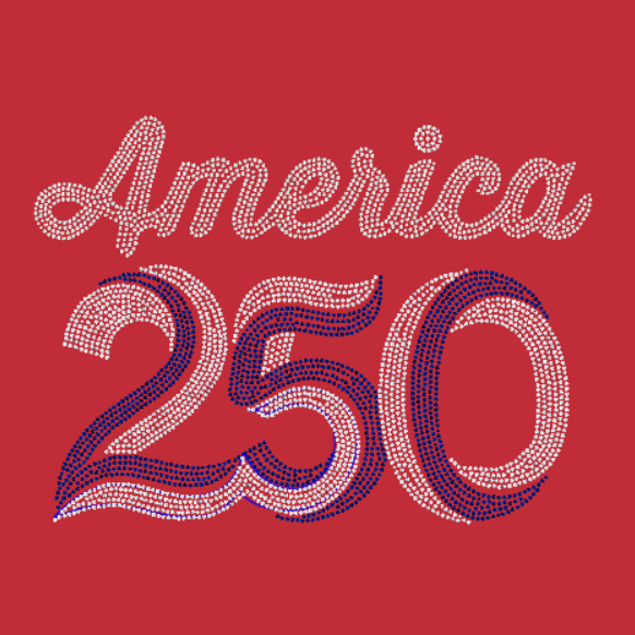 Red shirt with Blue and white rhinestones and America 250