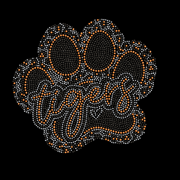 Decorative Paw design with 'tiger' text made of small stones on a black background with cheetah print