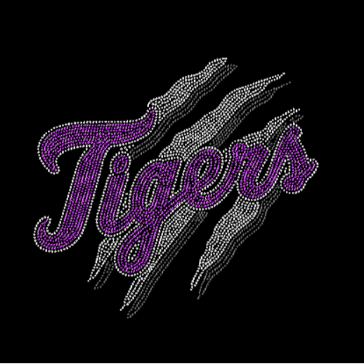 Tigers Claw Mascot Rhinestone transfer design in purple, black and crystal
