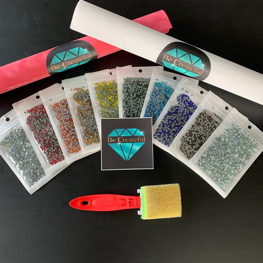 Korean Low Lead Hotfix Rhinestone Starter Kit - 10 hotfix rhinestone colors, rhinestone brush, rhinestone flock transfer tape