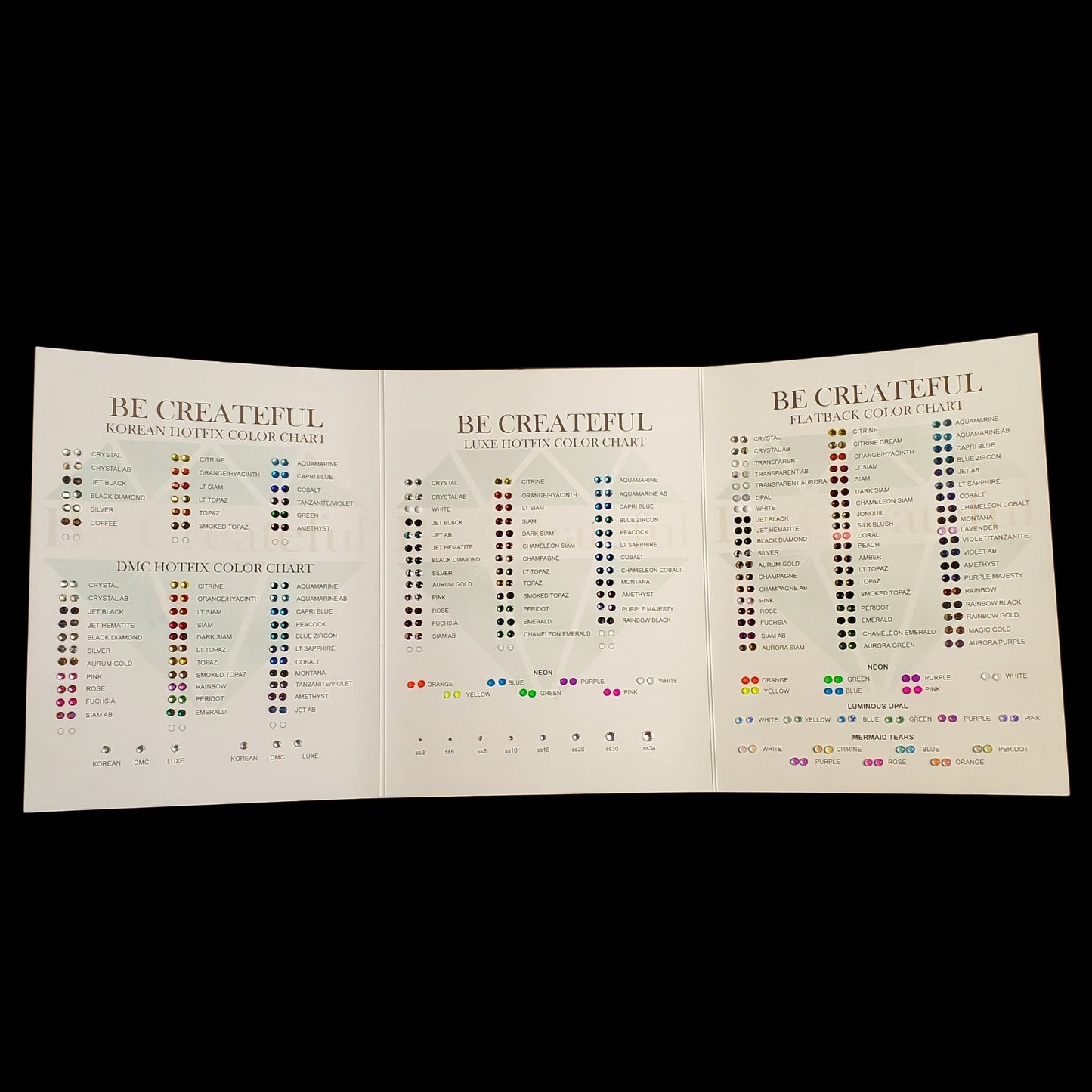 Be Createful Rhinestone Color Chart - Rhinestone Color Card -Rhinestone Color - Hotfix Rhinestones - Flatback Rhinestones