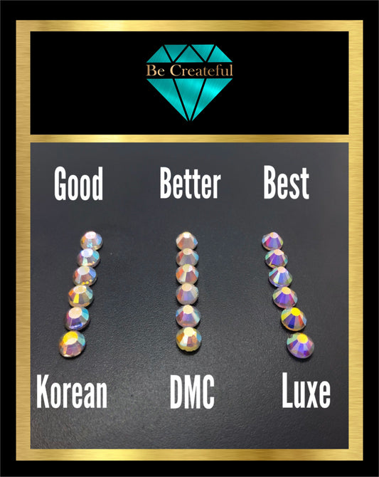 Korean, DMC and LUXE Hotfix Rhinestone Side by side comparison