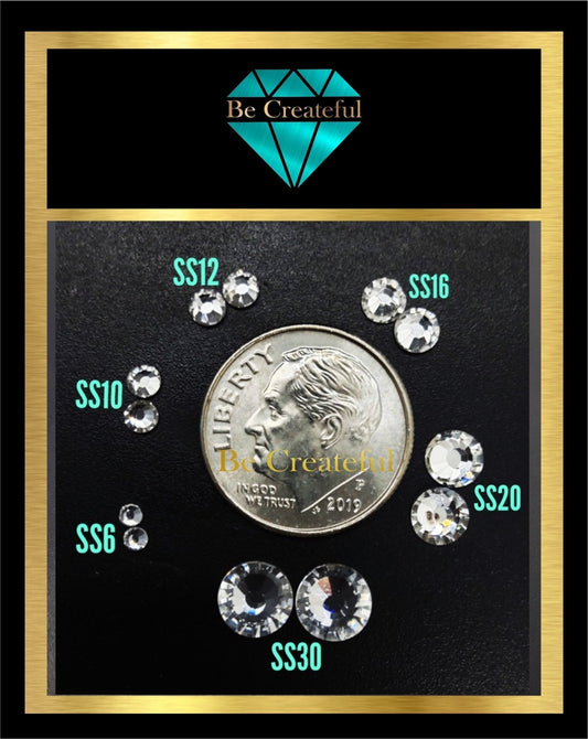Rhinestone Size Chart: Complete Guide with visual comparing different rhinestone sizes to a dime.
