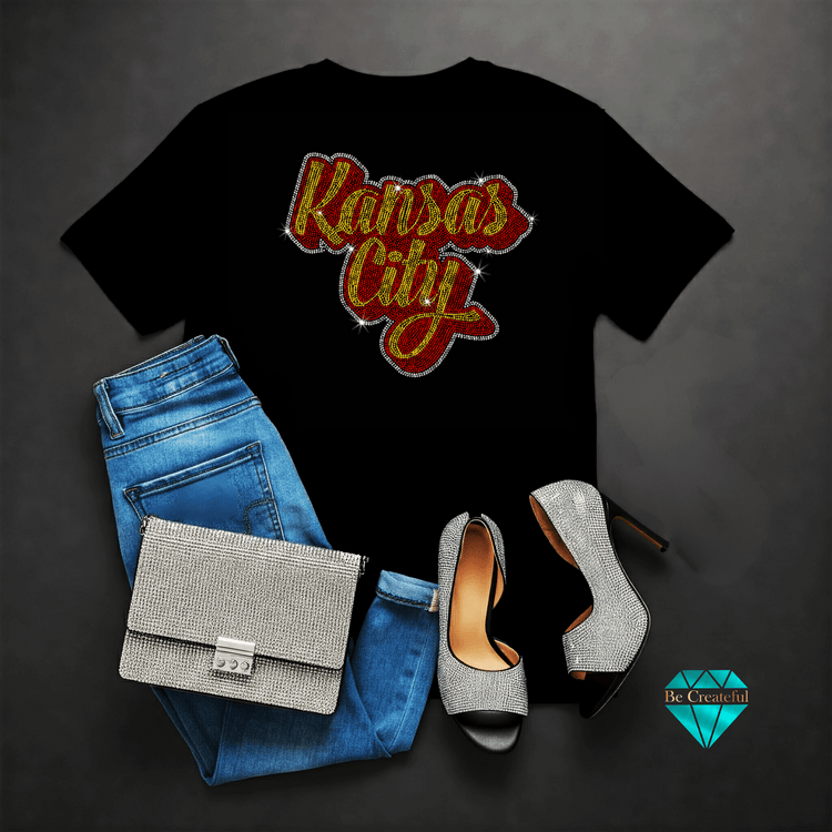 Kansas City rhinestone design in retro font with blue jeans, rhinestone shoes and purse.