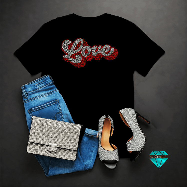 Crystal and red rhinestone Love in retro font on black shirt with rhinestone shoes and purse.