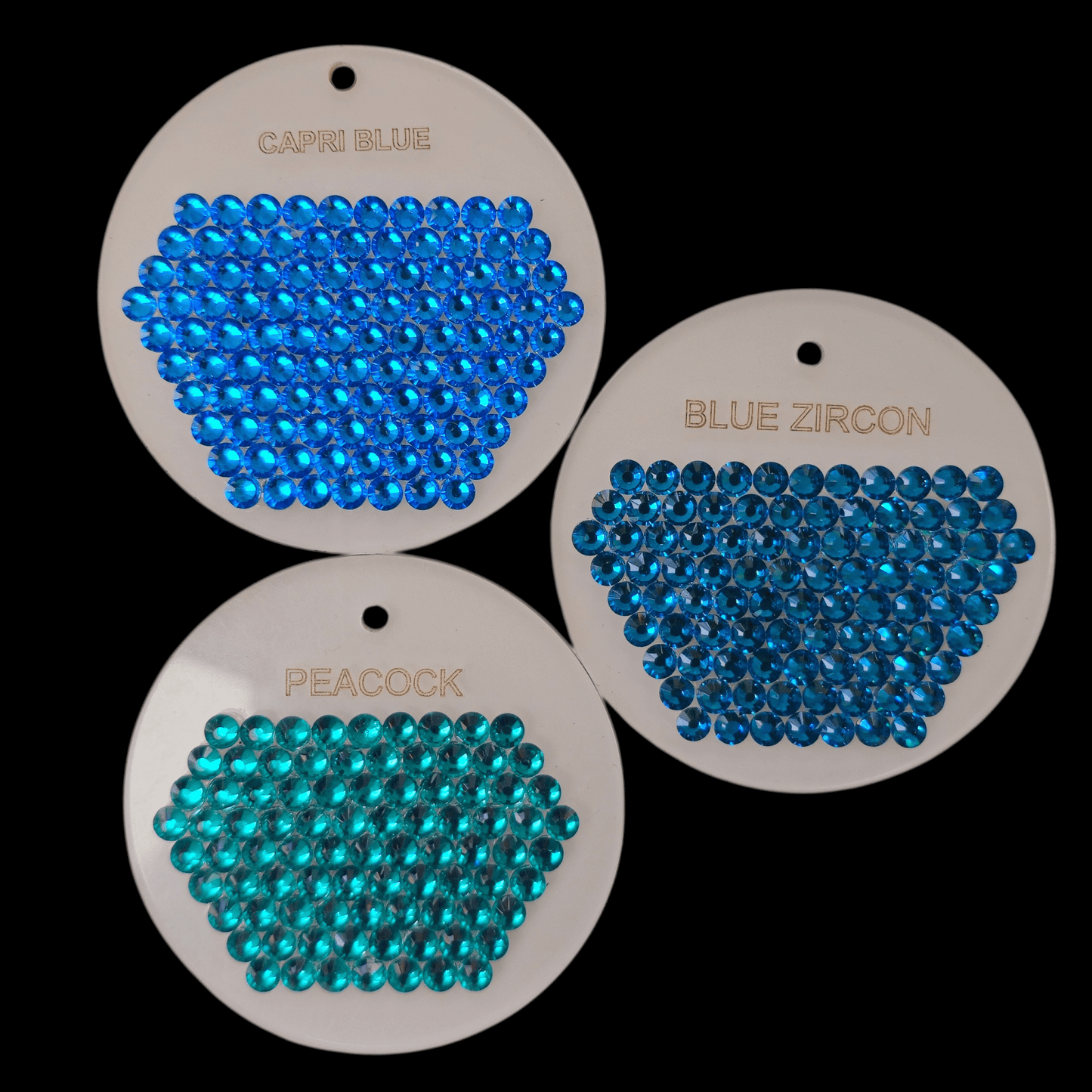 Capri Blue vs Blue Zircon vs Peacock rhinestones