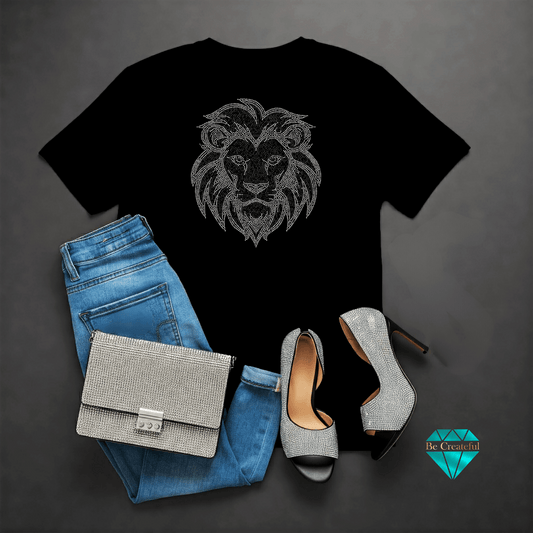 Black t-shirt with lion design, blue jeans, silver handbag, and high heels on a dark gray background.