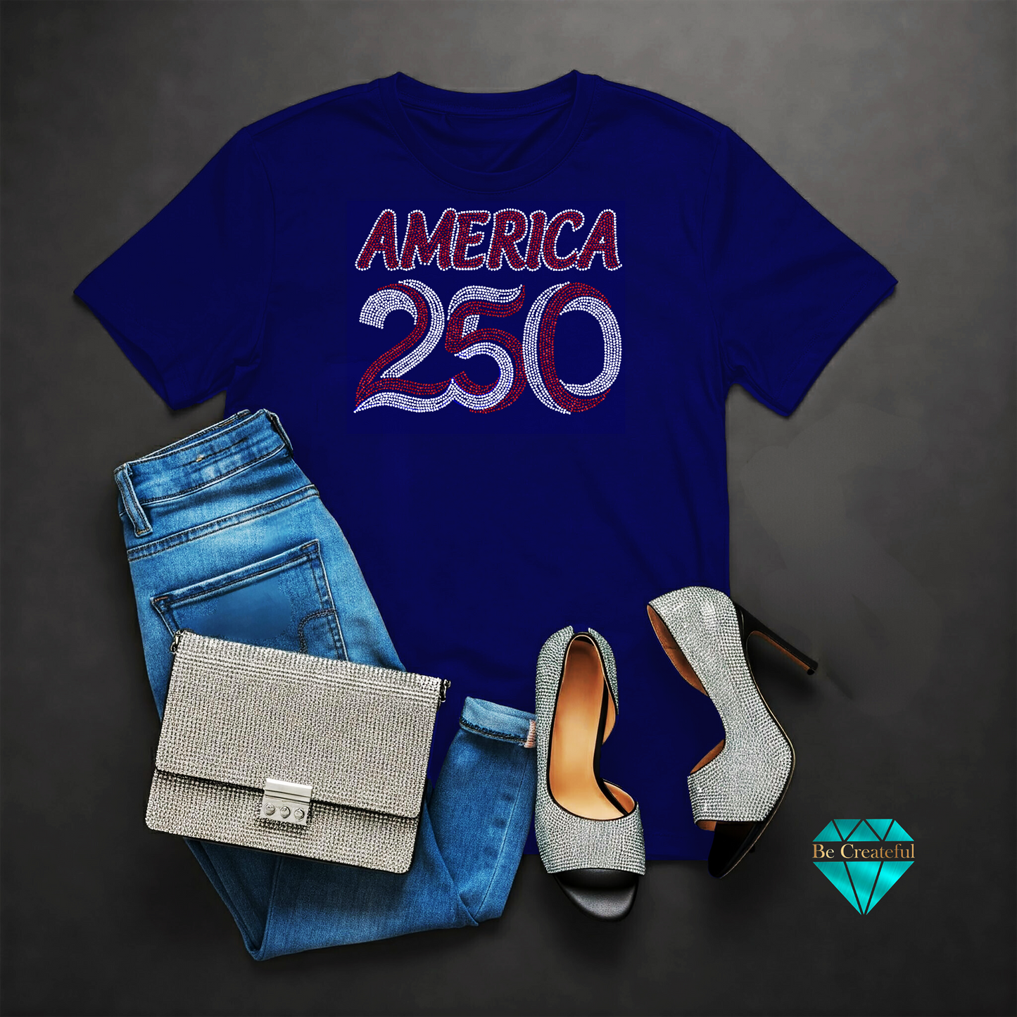 Blue shirt with 'AMERICA 250' in red and crystal rhinestones. Jeans, purse and rhinestones shoes