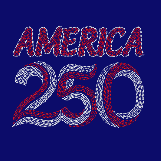 Blue background with 'AMERICA 250' in red and crystal rhinestones