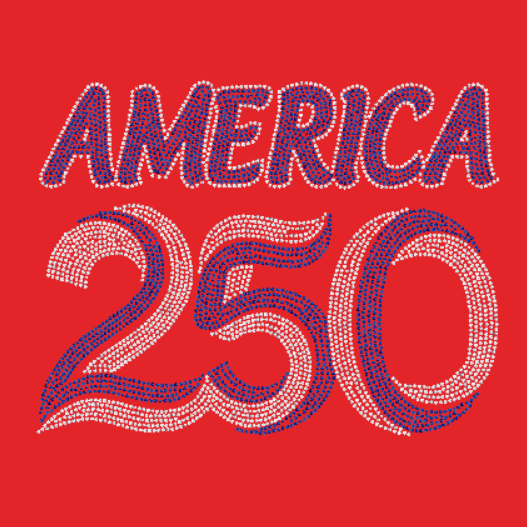 Red background with 'AMERICA 250' in blue and crystal rhinestones