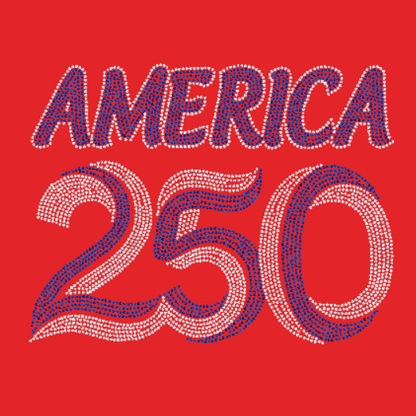 Red background with 'AMERICA 250' in blue and crystal rhinestones