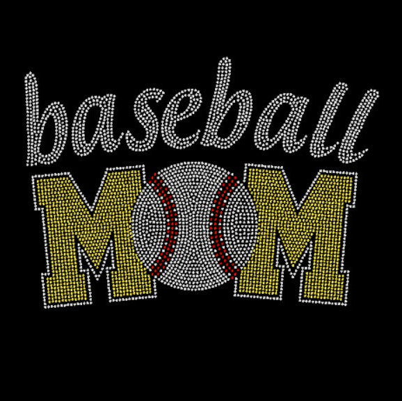 Black t-shirt with 'baseball mom' rhinestone design in citrine