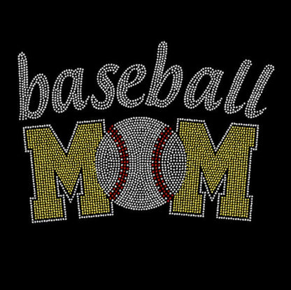 Black t-shirt with 'baseball mom' rhinestone design in citrine