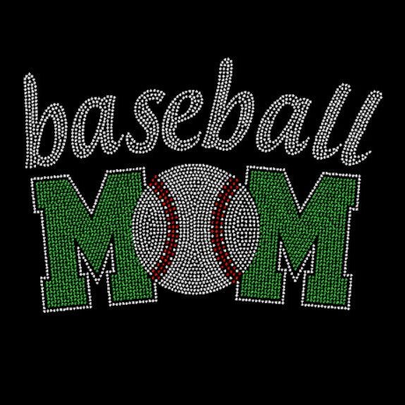 Black t-shirt with 'baseball mom' rhinestone design, in emerald