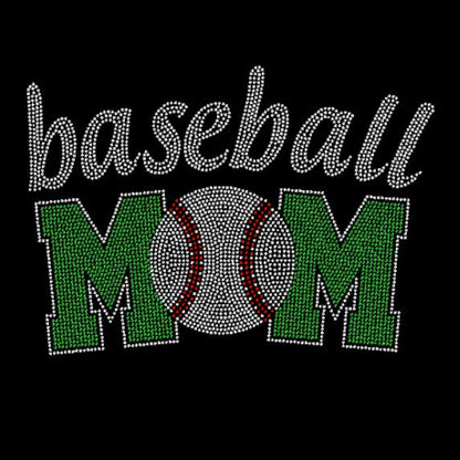 Black t-shirt with 'baseball mom' rhinestone design, in emerald