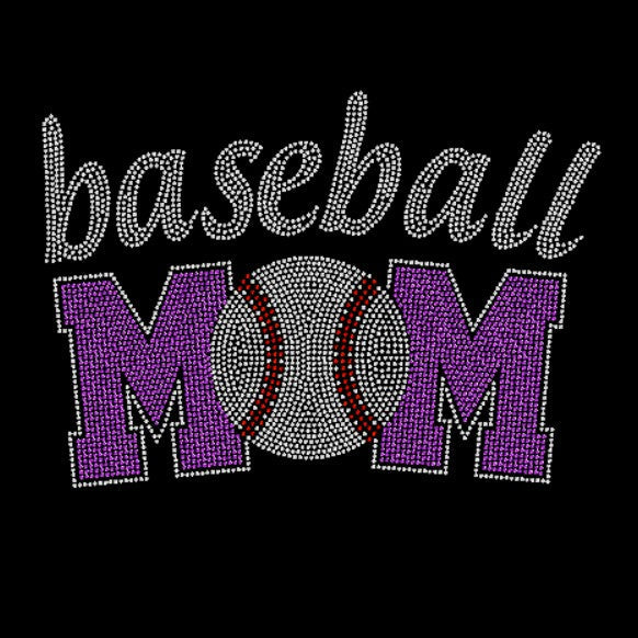 Black t-shirt with 'baseball mom' rhinestone design, in purple