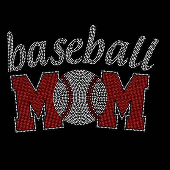Black t-shirt with 'baseball mom' rhinestone design, in red
