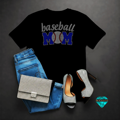 Black t-shirt with 'baseball mom' design, blue jeans.