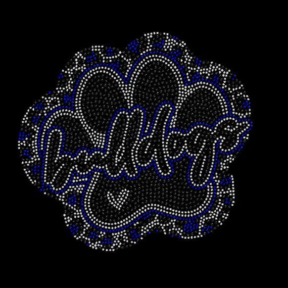 Decorative design with Bulldog text and cheetah paw decorative elements on a black background