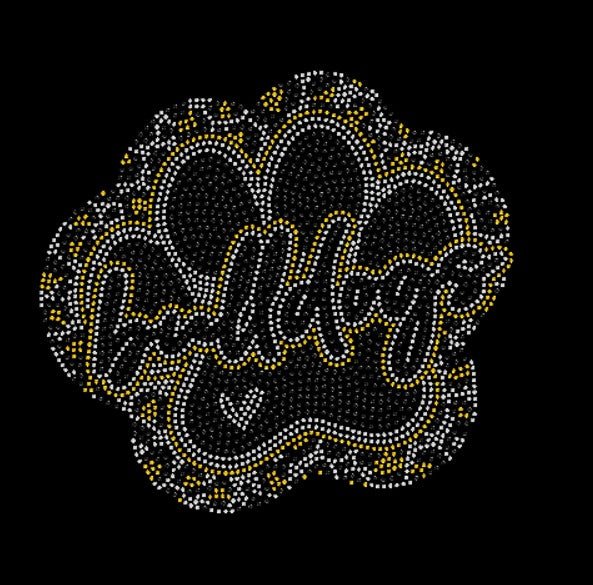 Decorative rhinestone paw design with bulldogs  text surrounded by cheetah print rhinestones 