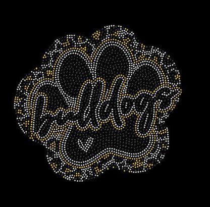 Decorative rhinestone paw design with bulldogs  text surrounded by cheetah print rhinestones 
