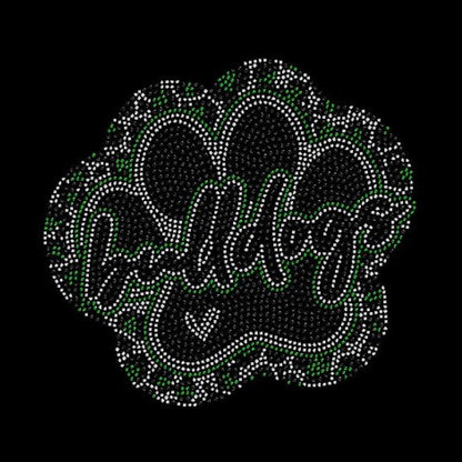 Decorative rhinestone design with Bulldog text and cheetah paw decorative elements on a black background