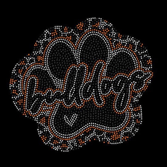 Decorative rhinestone design with Bulldog text and cheetah paw decorative elements on a black background