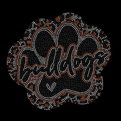 Decorative rhinestone design with Bulldog text and cheetah paw decorative elements on a black background