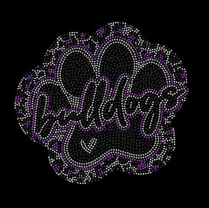 Decorative rhinestone design with Bulldog text and cheetah paw decorative elements on a black background