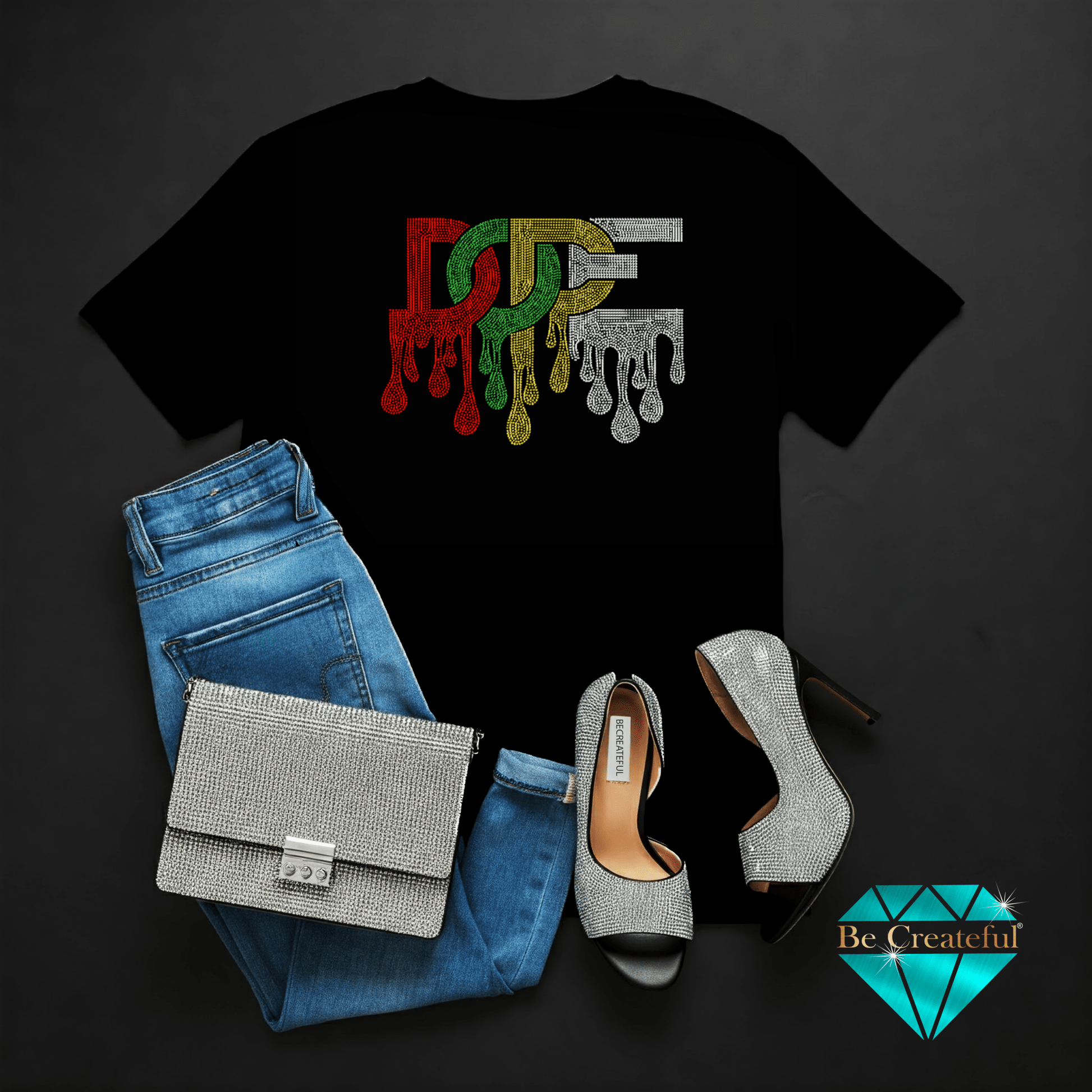 Dope Drip rhinestone transfer on black shirt with blue jeans, rhinestone purse and shoes.