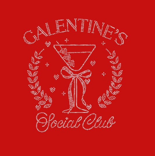 Decorative design with 'Galentine's Social Club' text and a martini glass on a red background.
