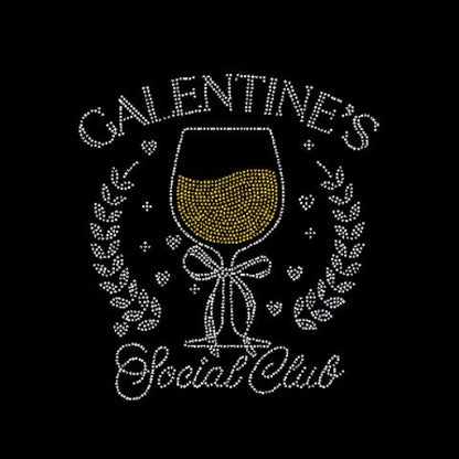 Decorative rhinestone design with a wine glass and 'Galentine's Social Club' text on a black background.