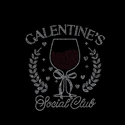 Decorative rhinestone design with a wine glass and 'Galentine's Social Club' text on a black background