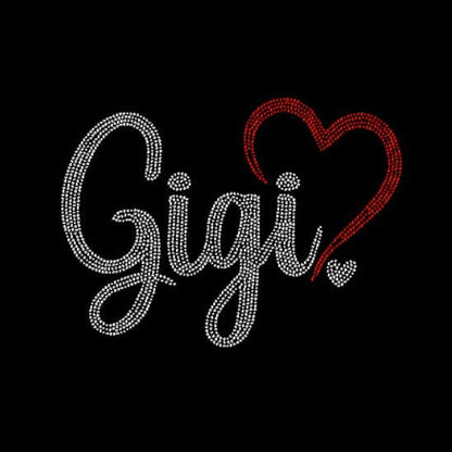Black rhinestone t-shirt with 'Gigi' and red heart design,  on a dark background.