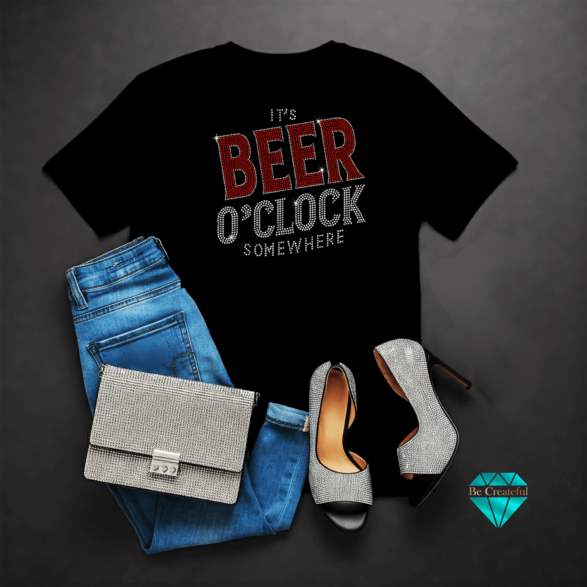 Black t-shirt with 'It's Beer O'Clock Somewhere' text, blue jeans, silver purse, and high heels on a dark background.