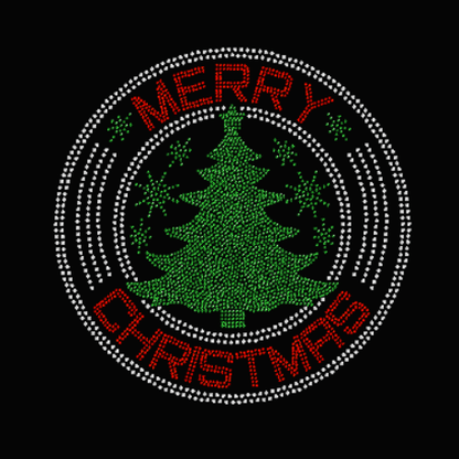 Merry Christmas round with tree rhinestones Transfer