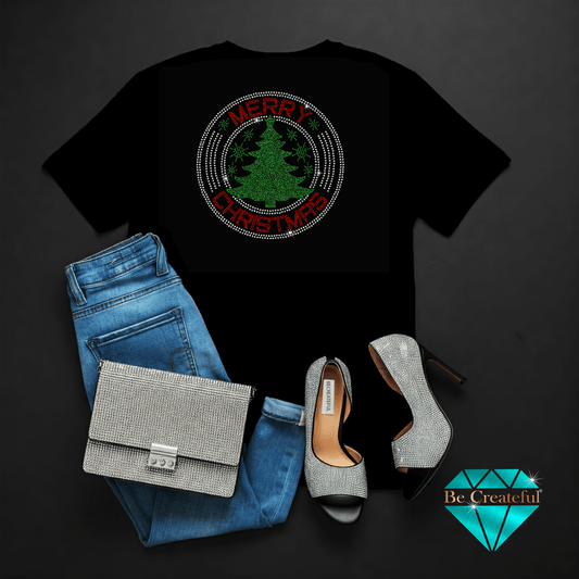 Black t-shirt with Merry Christmas design, blue jeans, silver handbag, and high heels on a dark background.