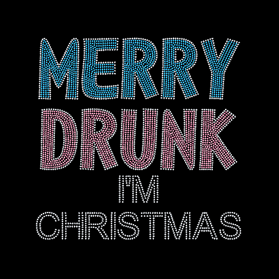 A black shirt with 'MERRY DRUNK I'M CHRISTMAS' rhinestone design