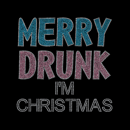 A black shirt with 'MERRY DRUNK I'M CHRISTMAS' rhinestone design