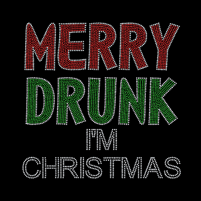 A black shirt with 'MERRY DRUNK I'M CHRISTMAS' rhinestone design