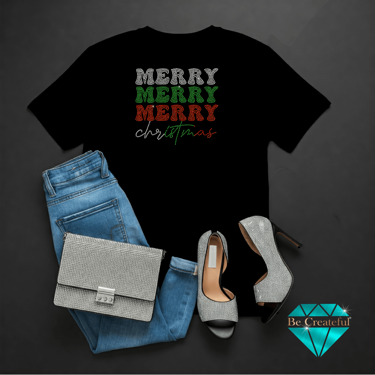 Merry Merry Merry Christmas Rhinestone design on a black shirt.